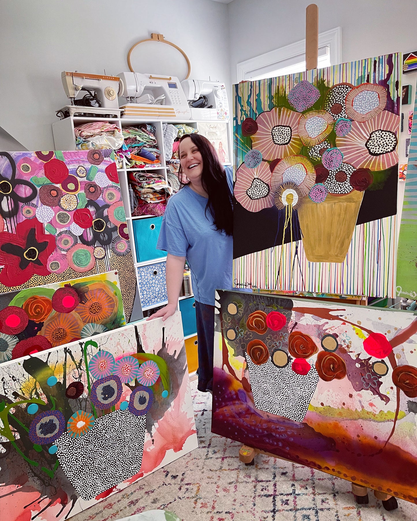 Original Jessica Wood Artist. Floral Still Life. 48"x48" Mixed Media Painting on Canvas