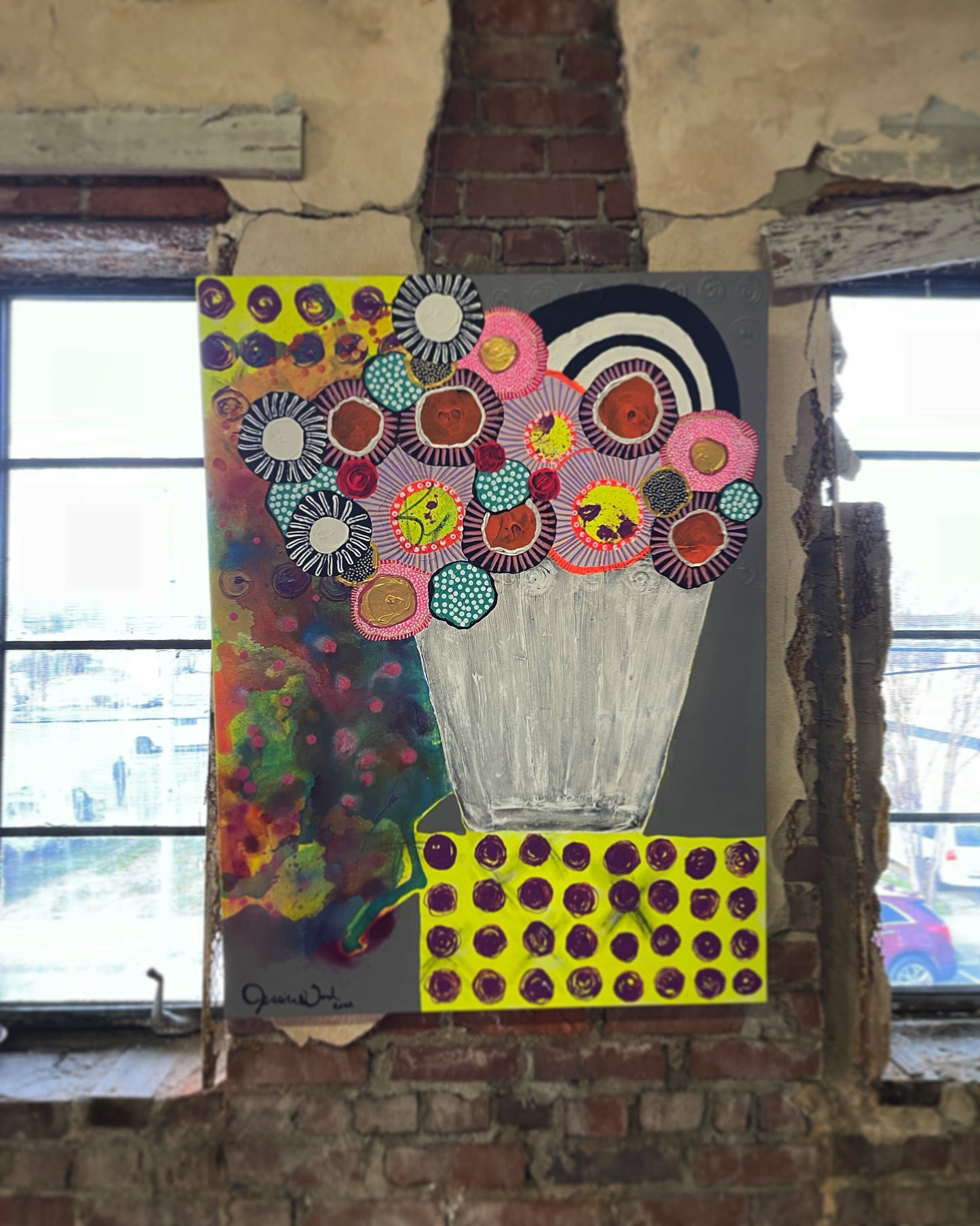 Original Jessica Wood Artist Floral Still Life. 30"x40" Mixed Media Painting on Canvas