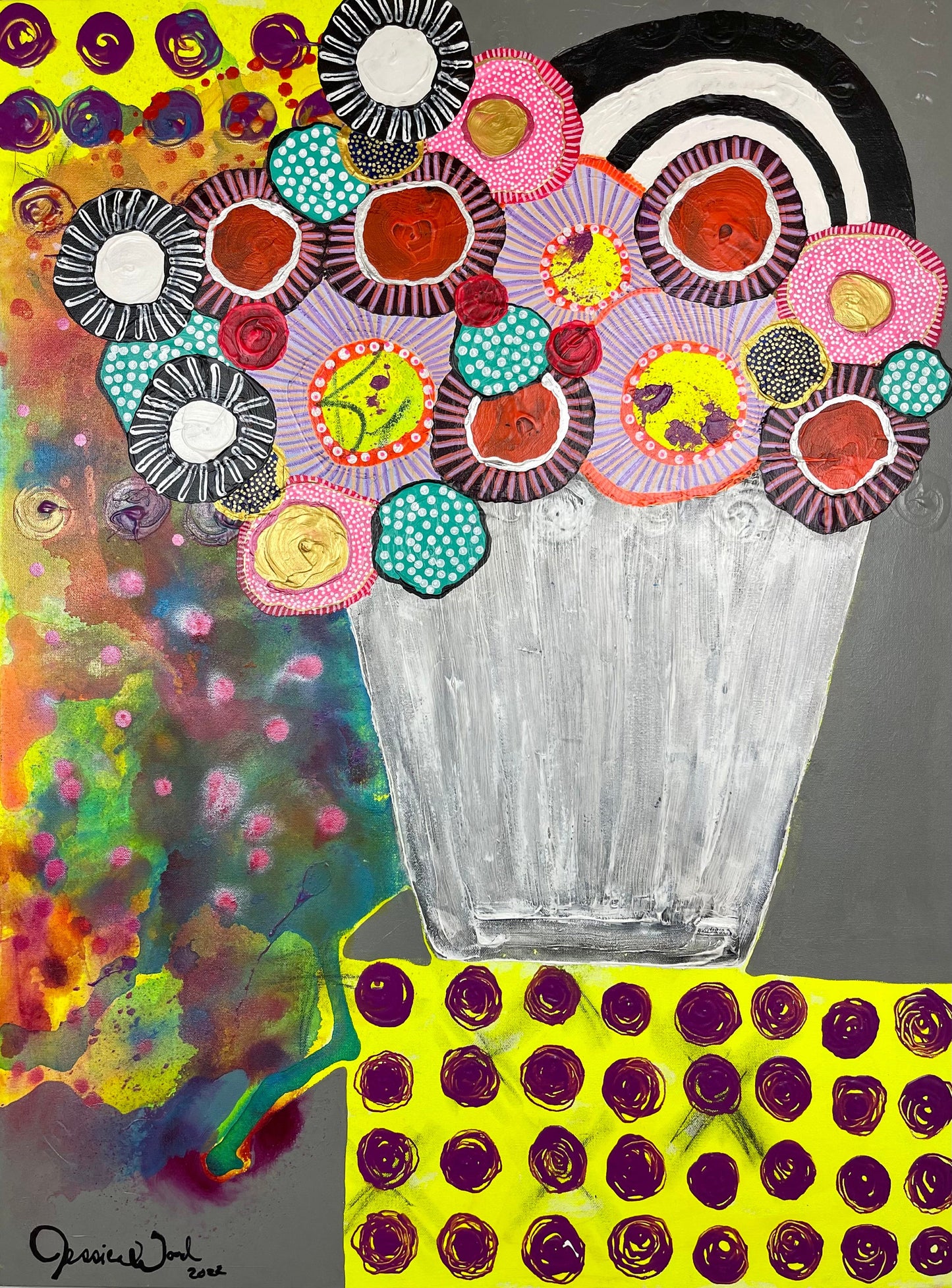 Original Jessica Wood Artist Floral Still Life. 30"x40" Mixed Media Painting on Canvas