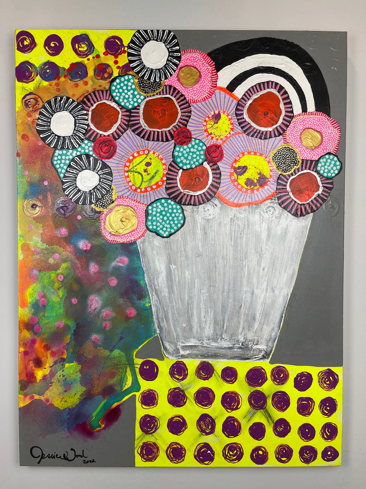 Original Jessica Wood Artist Floral Still Life. 30"x40" Mixed Media Painting on Canvas
