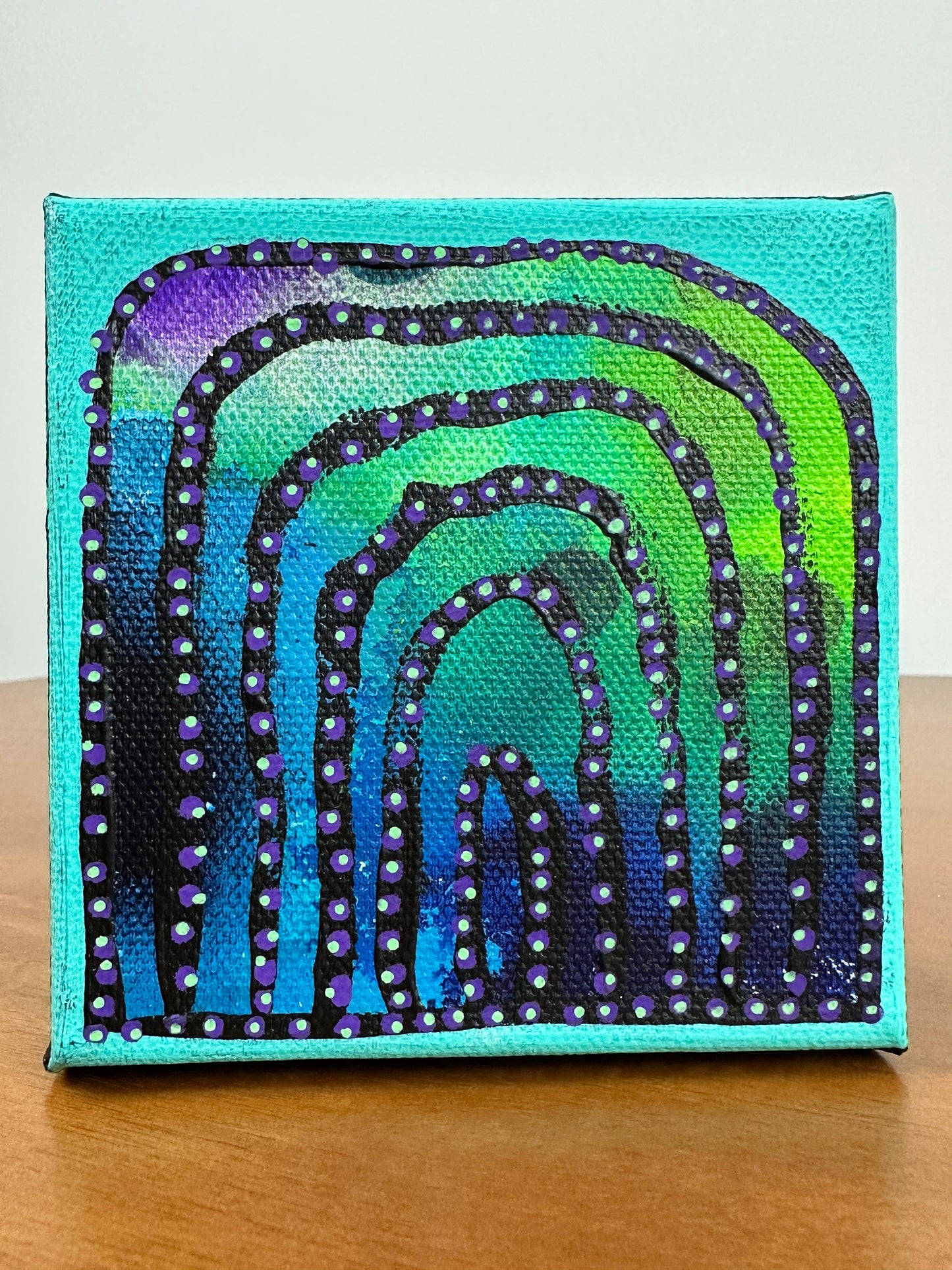 Original Jessica Wood Artist. Mini Rainbow Mixed Media Painting. 4”x4” on Canvas