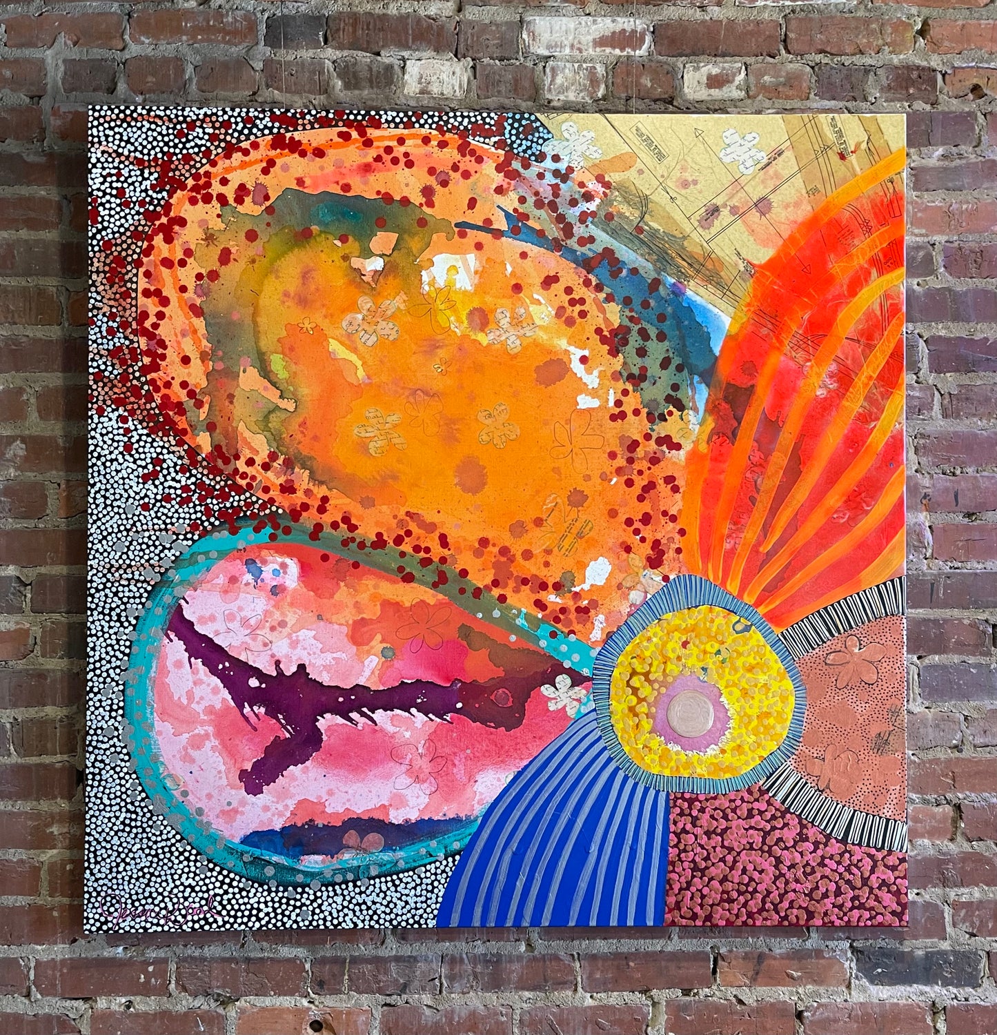 Original Jessica Wood Artist. Floral Still Life. 48"x48" Mixed Media Painting on Canvas