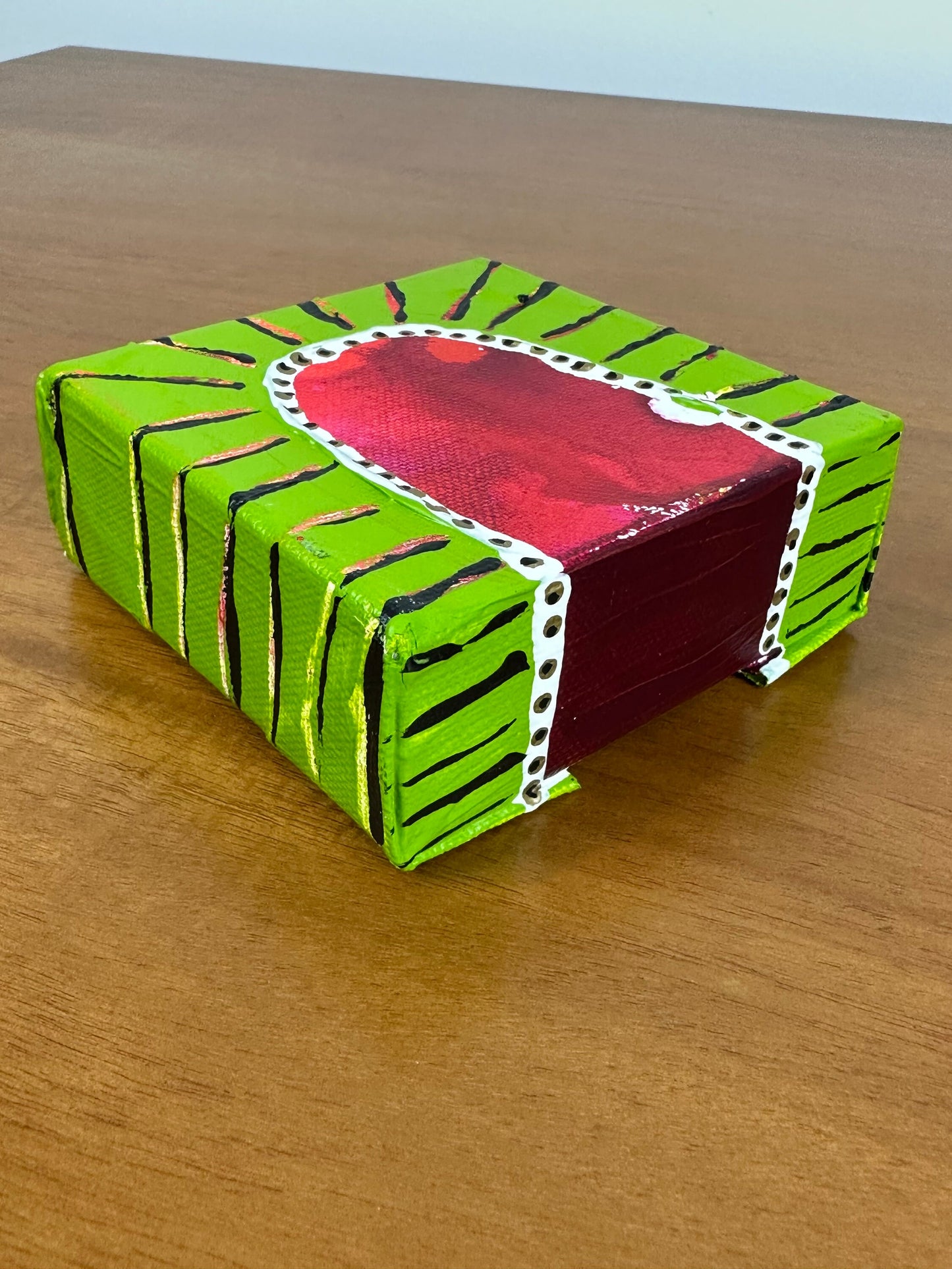 Original Jessica Wood Artist. Mini Abstract Watermelon Mixed Media Painting. 4”x4” on Canvas