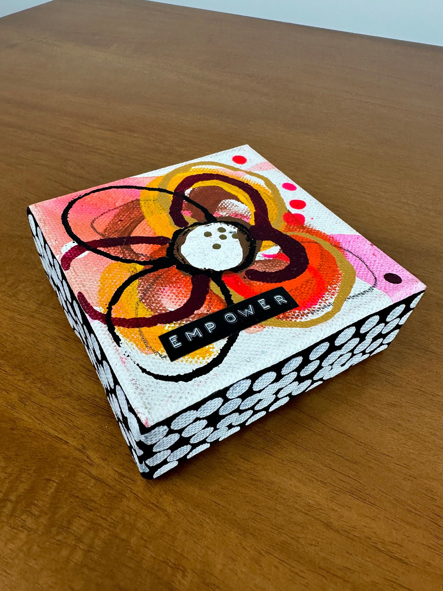 Original Jessica Wood Artist. Mini Abstract Flower Mixed Media Painting. 4”x4” on Canvas