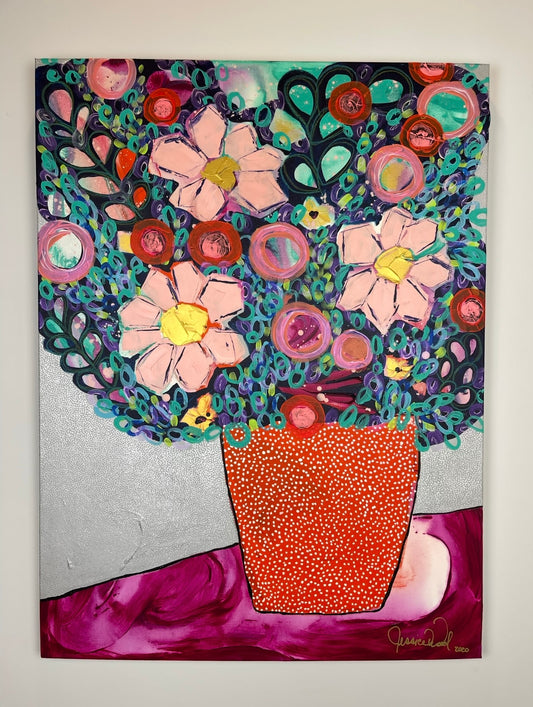 Original Floral Still Life 30"x40" Mixed Media Painting on Canvas