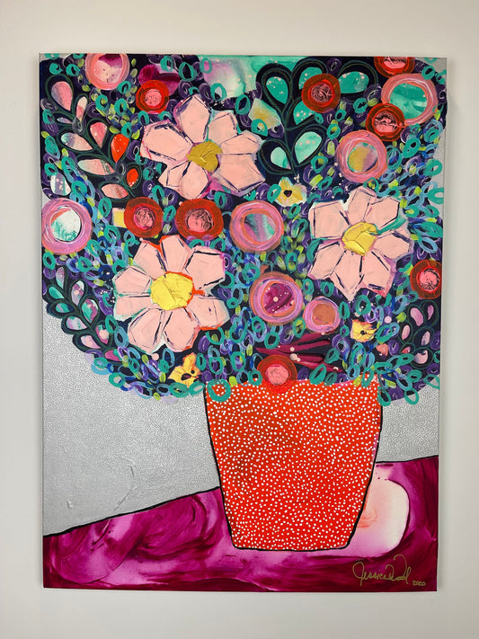 Original Jessica Wood Artist Floral Still Life. 30"x40" Mixed Media Painting on Canvas