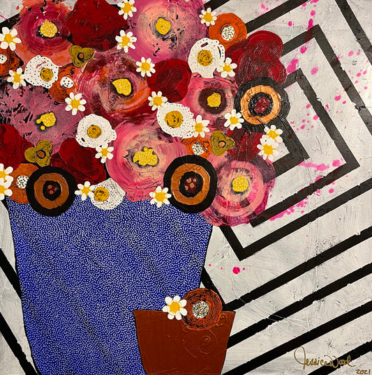 Original Jessica Wood Artist Floral Still Life. 36”x36" Mixed Media Painting on Canvas