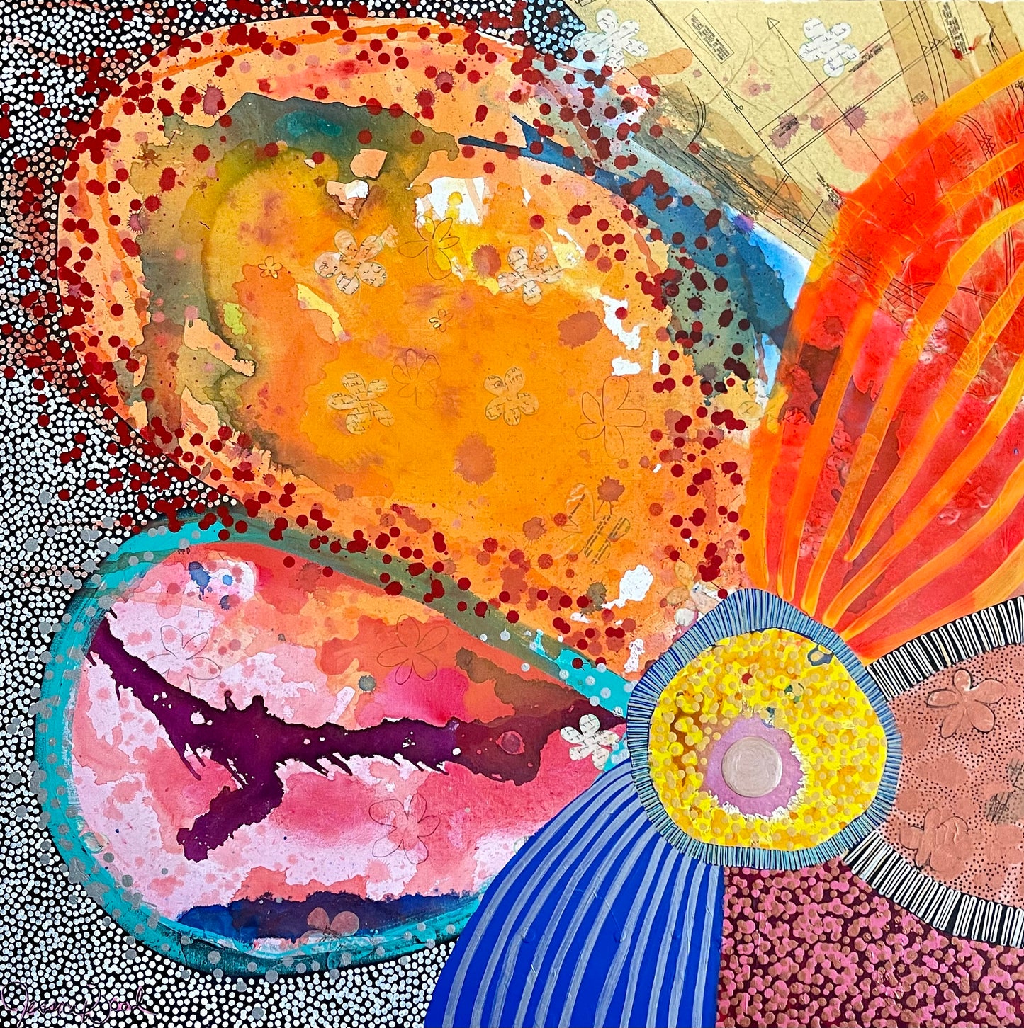 Original Jessica Wood Artist. Floral Still Life. 48"x48" Mixed Media Painting on Canvas