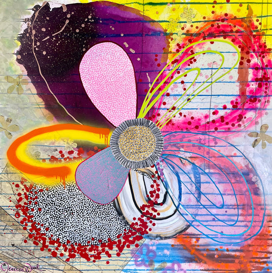Original Jessica Wood Artist. Floral Still Life. 48"x48" Mixed Media Painting on Canvas