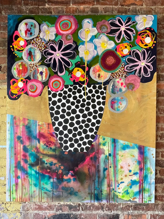 Original Jessica Wood Artist. Floral Still Life. 48"x60" Mixed Media Painting on Canvas