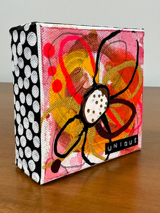 Original Jessica Wood Artist. Mini Abstract Flower Mixed Media Painting. 4”x4” on Canvas