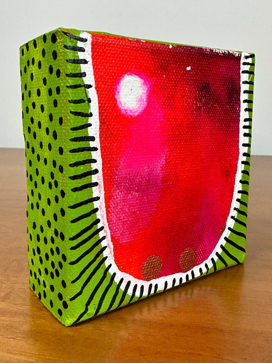 Original Jessica Wood Artist. Mini Abstract Watermelon Mixed Media Painting. 4”x4” on Canvas
