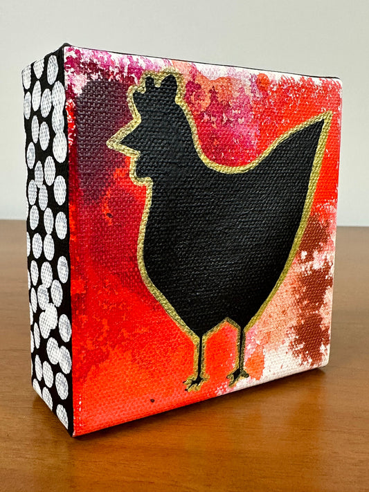 Original Jessica Wood Artist. Mini Chicken Mixed Media Painting. 4”x4” on Canvas