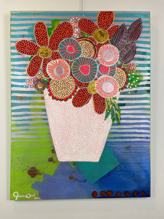 Original Jessica Wood Artist Floral Still Life. 30"x40" Mixed Media Painting on Canvas