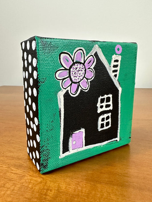 Original Jessica Wood Artist. Mini Abstract House. Mixed Media Painting. 4”x4” on Canvas
