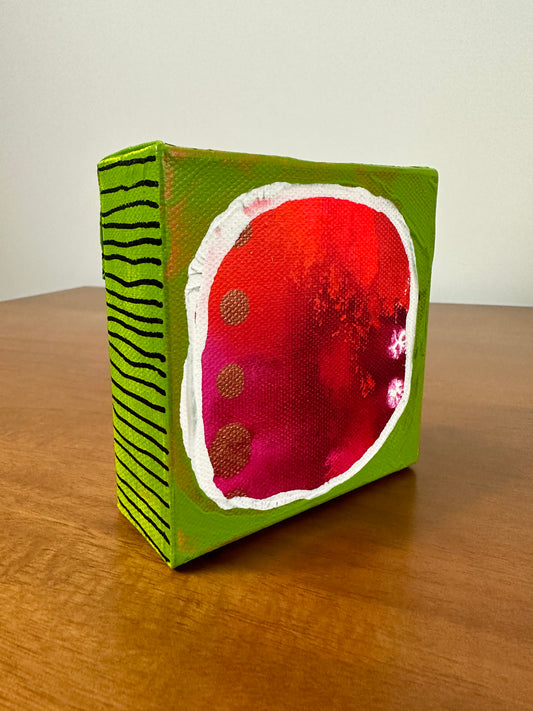 Original Jessica Wood Artist. Mini Abstract Watermelon Mixed Media Painting. 4”x4” on Canvas