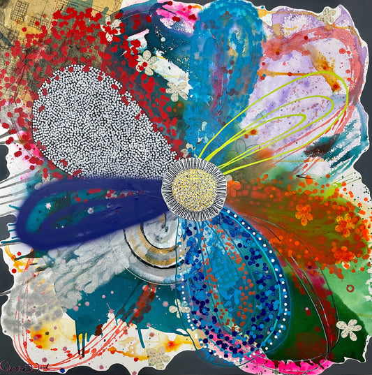 Original Jessica Wood Artist. Floral Still Life. 48"x48" Mixed Media Painting on Canvas
