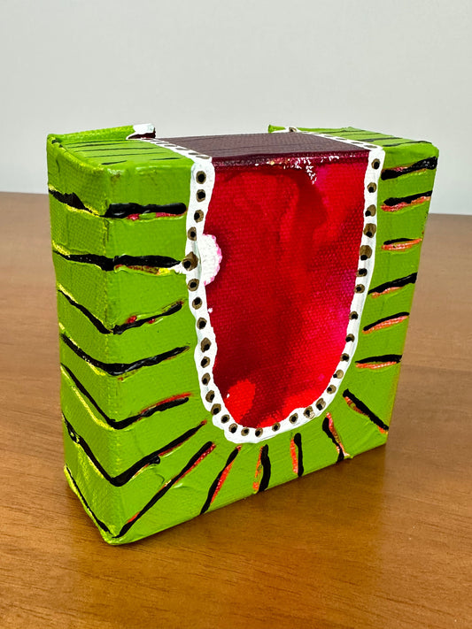 Original Jessica Wood Artist. Mini Abstract Watermelon Mixed Media Painting. 4”x4” on Canvas