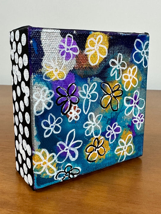 Original Jessica Wood Artist. Mini Abstract Flower Mixed Media Painting. 4”x4” on Canvas