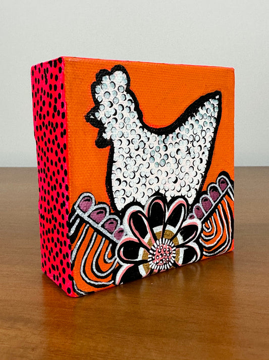 Original Jessica Wood Artist. Mini Chicken Mixed Media Painting. 4”x4” on Canvas