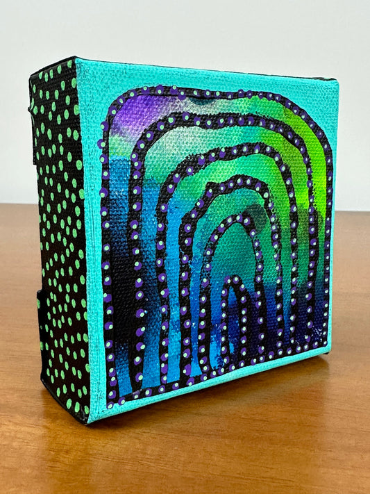 Original Jessica Wood Artist. Mini Rainbow Mixed Media Painting. 4”x4” on Canvas