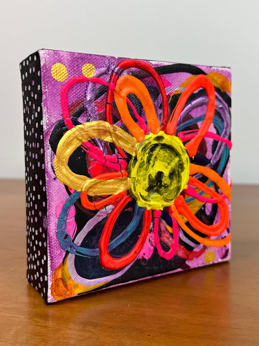Original Jessica Wood Artist. Mini Abstract Flower Mixed Media Painting. 5"x5" on Canvas