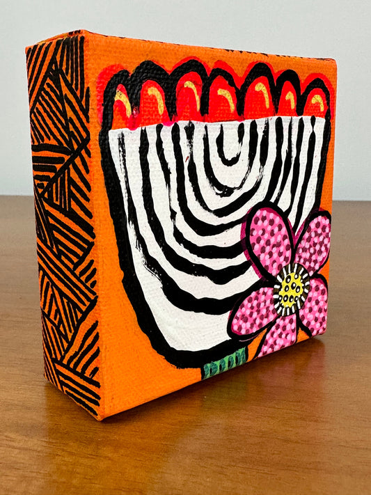 Original Jessica Wood Artist. Mini Abstract Flower Mixed Media Painting. 4”x4” on Canvas