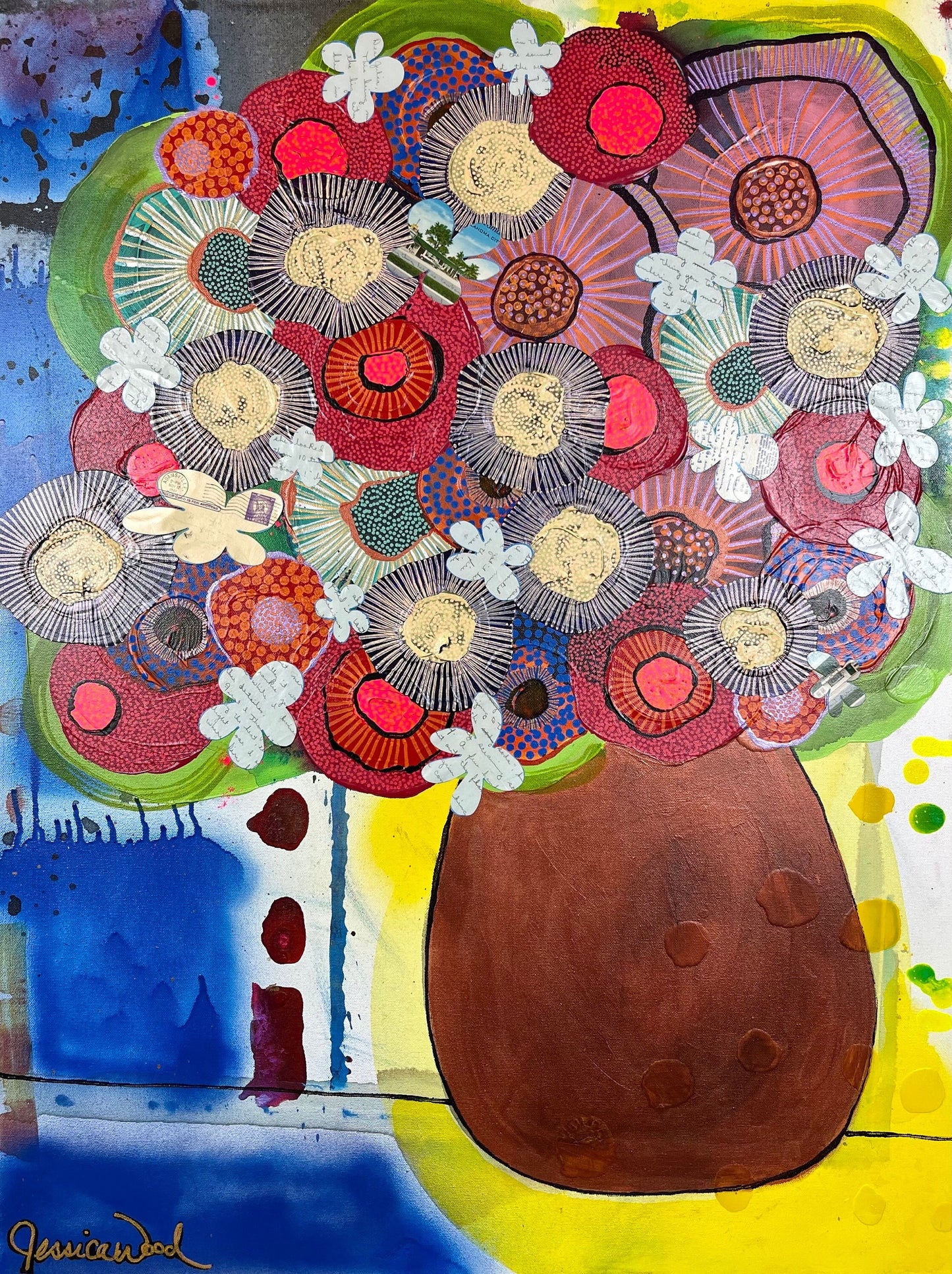 For Ukraine. Original Jessica Wood Artist Floral Still Life. 30"x40" Mixed Media Painting on Canvas