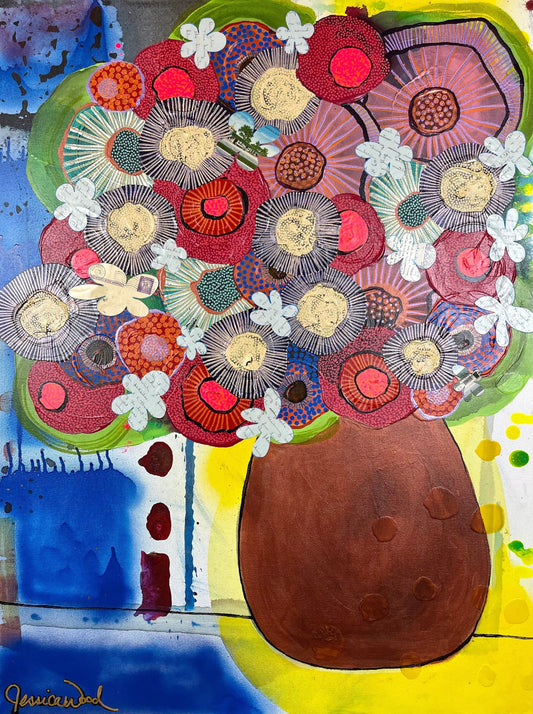 For Ukraine. Original Jessica Wood Artist Floral Still Life. 30"x40" Mixed Media Painting on Canvas