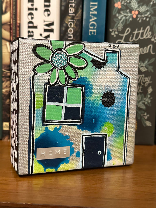 Original Jessica Wood Artist. Mini Abstract House. Mixed Media Painting. 4”x4” on Canvas