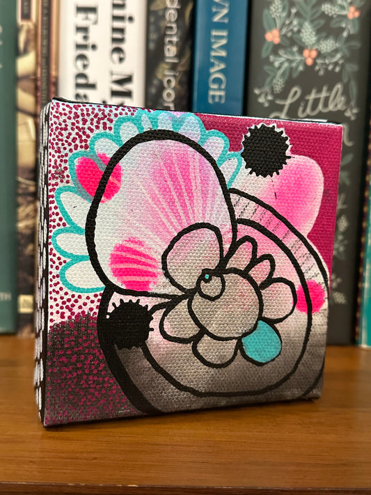 Original Jessica Wood Artist. Mini Abstract Flower Mixed Media Painting. 4”x4” on Canvas