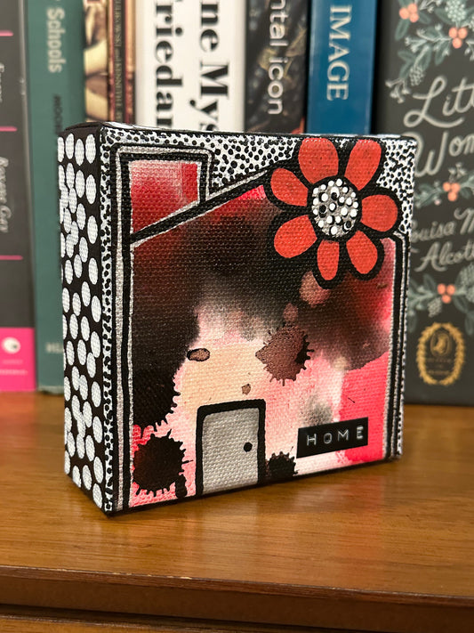 Original Jessica Wood Artist. Mini Abstract House. Mixed Media Painting. 4”x4” on Canvas