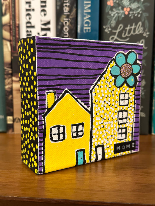 Original Jessica Wood Artist. Mini Abstract House. Mixed Media Painting. 4”x4” on Canvas