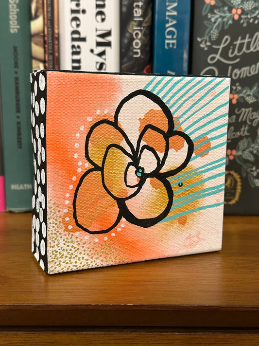 Original Jessica Wood Artist. Mini Abstract Flower Mixed Media Painting. 4”x4” on Canvas